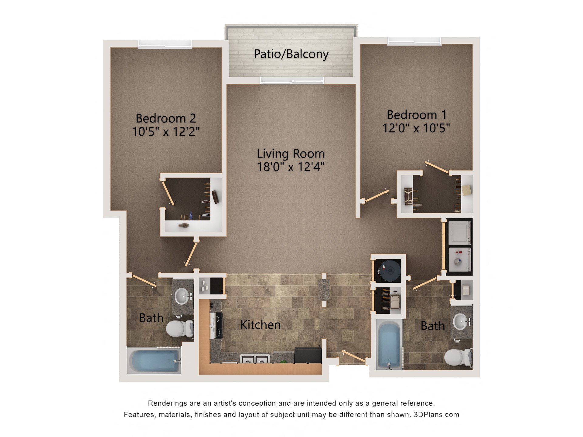 Floor plan for 2 beds, 2 baths, 1048 sqft